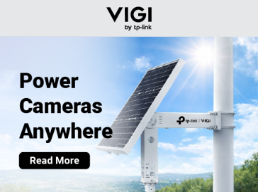 “VIGI by TP-Link SP6020 solar panel mounted on a pole under bright sunlight, with text ‘Power Cameras Anywhere’ and a ‘Read More’ button on a blue sky background.