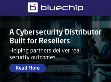 A promotional banner for Bluechip featuring the text "A Cybersecurity Distributor Built for Resellers" and "Helping partners deliver real security outcomes." The design uses a professional navy blue color scheme with a "Read More" button and a background image of a corporate meeting room.