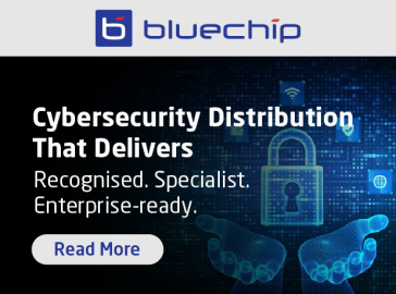 Bluechip banner with the headline “Cybersecurity Distribution That Delivers” and subtext “Recognised. Specialist. Enterprise-ready.” A digital padlock and cybersecurity icons glow above two open hands, with a “Read More” button displayed below.