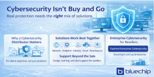 Enterprise cybersecurity distributor infographic showing integrated security solutions for resellers