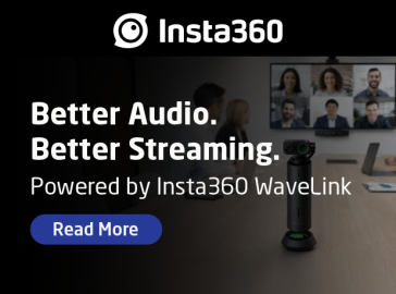 Promotional banner for Insta360 featuring the headline “Better Audio. Better Streaming.” and subtext “Powered by Insta360 WaveLink.” The image shows a sleek black conferencing camera on a desk in a modern meeting room, with a blurred video conference displayed on a screen in the background and a blue “Read More” button on the left.