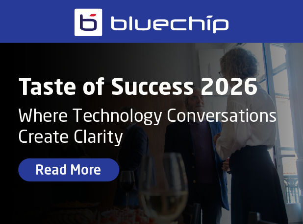Blue promotional banner from Bluechip featuring the headline “Taste of Success 2026” and subheading “Where Technology Conversations Create Clarity,” with a “Read More” button and a background image of professionals networking at an event.