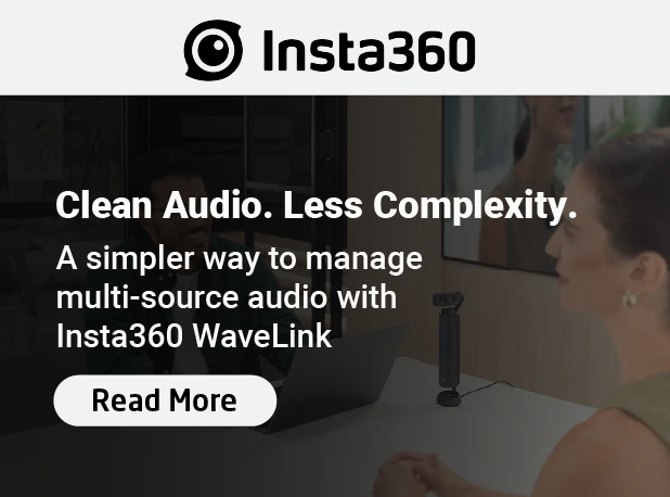 An advertisement for Insta360 WaveLink featuring the company logo at the top. The background shows a blurred office setting with a man sitting at a laptop and a woman in the foreground. On the desk sits an Insta360 Link gimbal webcam. Text overlay reads: 'Clean Audio. Less Complexity. A simpler way to manage multi-source audio with Insta360 WaveLink,'