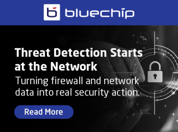 Bluechip banner with the headline “Threat Detection Starts at the Network,” highlighting firewall and network data turning into real security action, with a digital lock and network security graphic and a “Read More” button.