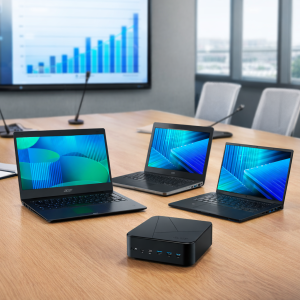 Acer business laptops and mini PC used in a secure SMB office environment