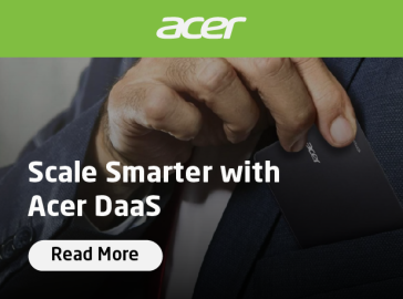 Promotional banner for Acer featuring a close-up of a person placing an Acer device into a suit pocket, with the headline “Scale Smarter with Acer DaaS” and a “Read More” call-to-action button.