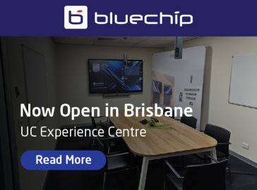 Bluechip banner showcasing a modern meeting room with a display screen and conference table, announcing “Now Open in Brisbane – UC Experience Centre” with a “Read More” call-to-action button.
