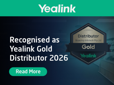 Banner featuring Yealink branding, announcing “Recognised as Yealink Gold Distributor 2026.” Includes a gold award badge labeled “Distributor Gold – Bluechip Infotech Pty Ltd” and a “Read More” call-to-action button on a dark office-themed background.