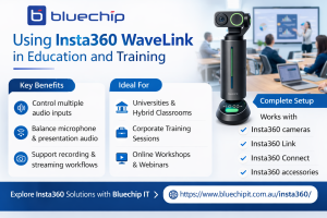 Infographic showing how Insta360 WaveLink supports audio management in education and training.