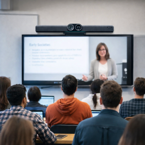 Insta360 camera used in a university classroom for hybrid learning and virtual lectures.