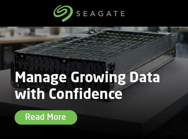 Banner image from Seagate Technology showing a high-capacity enterprise storage server on a desk with the headline “Manage Growing Data with Confidence” and a green “Read More” button.