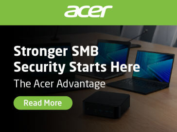 Banner showing Acer business laptops and a compact desktop mini PC on a desk with the headline “Stronger SMB Security Starts Here – The Acer Advantage” and a “Read More” button.