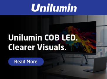 Promotional banner for Unilumin COB LED displays showing a large screen with vibrant color graphics in a modern office setting, with the headline “Unilumin COB LED. Clearer Visuals.” and a “Read More” button.