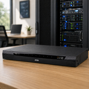 ATEN KVM over IP switch on a desk with server rack in the background