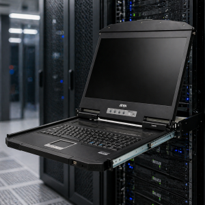 ATEN LCD KVM console extended from a server rack in a data centre