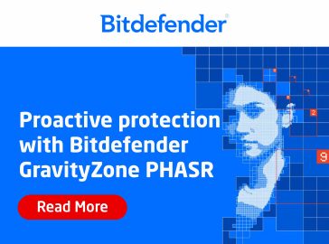 Promotional banner from Bitdefender featuring a digital, pixelated human profile with grid overlays, alongside the text “Proactive protection with Bitdefender GravityZone PHASR” and a “Read More” button.