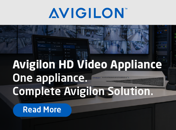 Promotional banner from Avigilon showing a video monitoring workstation with multiple surveillance screens and a desktop appliance, featuring the text “Avigilon HD Video Appliance – One appliance. Complete Avigilon Solution.” and a “Read More” button.