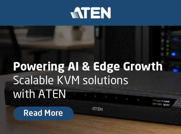 Promotional banner from ATEN showing a rack-mounted KVM switch on a desk, with the text “Powering AI & Edge Growth – Scalable KVM solutions with ATEN” and a “Read More” button.