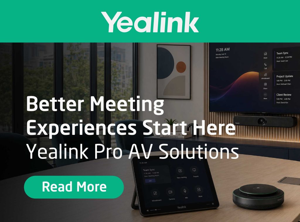 Promotional banner from Yealink showing a modern meeting room setup with a display screen, video conferencing bar, tabletop touch panel, and speakerphone, with the text “Better Meeting Experiences Start Here – Yealink Pro AV Solutions” and a “Read More” button.
