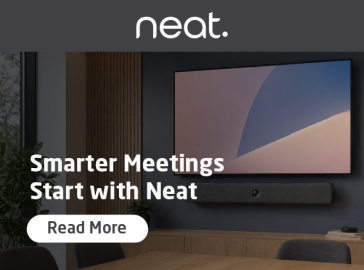 Promotional banner from Neat showing a modern meeting room with a wall-mounted display and video bar, featuring the text “Smarter Meetings Start with Neat” and a “Read More” button.
