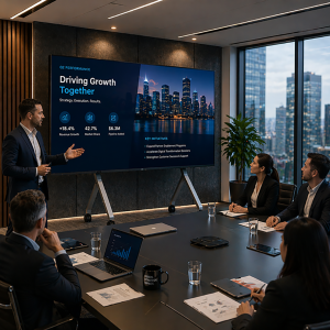 Unilumin LED screen used in a corporate presentation setting