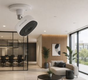 Avigilon ceiling-mounted security camera in a modern office setting