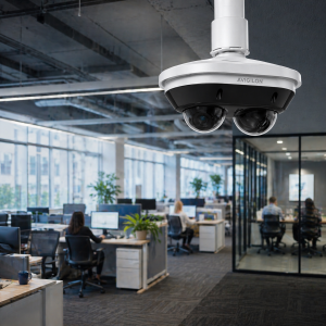 Avigilon dual head camera installed in a modern office environment
