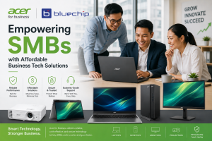 Professional Acer for Business promotional banner featuring a team of SMB professionals collaborating in a modern office environment using Acer business devices. The design highlights the message “Empowering SMBs with Affordable Business Tech Solutions” alongside Acer laptops, desktops, monitors, and projectors, with icons representing reliability, affordability, security, and business-grade support.