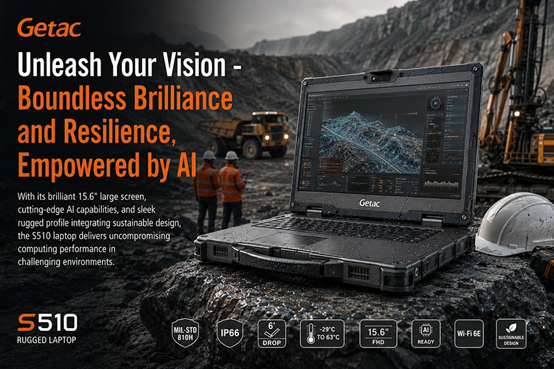 Getac ZX10 fully rugged Android tablet used in a mining environment, showcasing portable field intelligence, durability, and AI-powered industrial mobility.