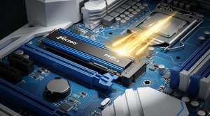 Micron NVMe SSD installed on a motherboard with high-speed data transfer effects highlighting AI and computing performance