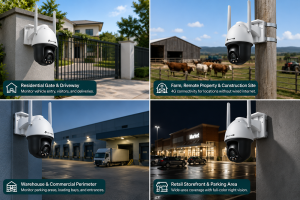 The camera is designed for outdoor surveillance with IP66 weatherproof protection, 360° pan-tilt monitoring, full-color night vision, and 4G connectivity for locations without wired internet.