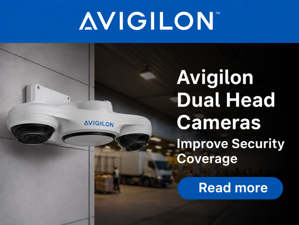 Promotional banner featuring an Avigilon H6A dual head security camera mounted on a wall with the text “Avigilon Dual Head Cameras Improve Security Coverage” and a “Read More” call-to-action button.