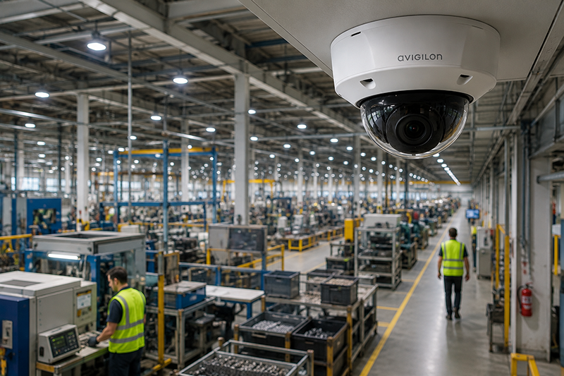 Avigilon H5SL Dome Camera installed in a modern manufacturing facility, monitoring production lines, machinery, and workers across a large industrial factory floor to enhance workplace security and operational visibility.