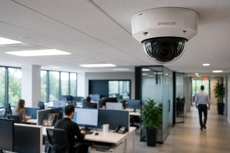 Avigilon H5SL Dome Camera mounted on the ceiling of a contemporary office, providing intelligent video surveillance for employees, workstations, meeting spaces, and common areas.