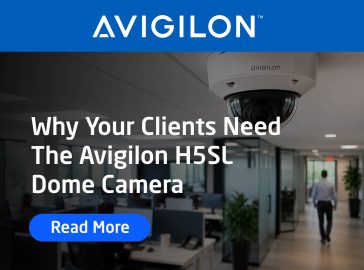 Avigilon H5SL Dome Camera banner showcasing AI-powered office security, advanced video surveillance, easy installation, and intelligent monitoring for commercial and enterprise environments.