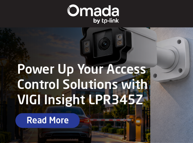 Omada by TP-Link banner featuring the VIGI Insight LPR345Z security camera monitoring a vehicle access gate, with the headline “Power Up Your Access Control Solutions with VIGI Insight LPR345Z” and a “Read More” button.