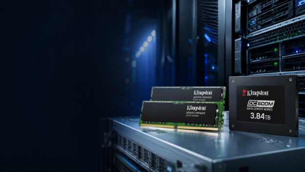Kingston Server Premier DDR5 memory and Kingston Data Center SSD in an enterprise data centre server environment