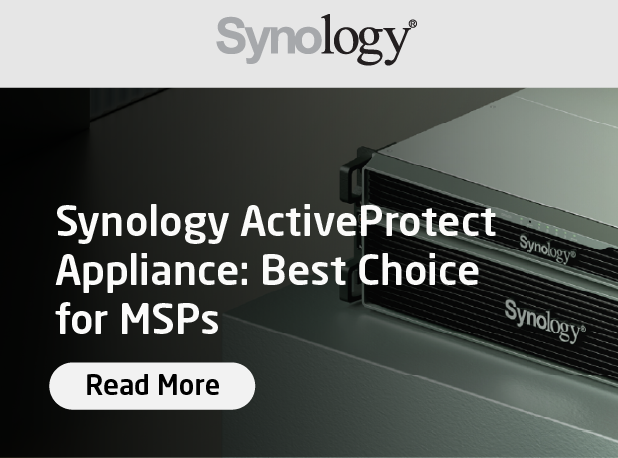 Synology ActiveProtect Appliance for MSPs, with a server appliance image and “Read More” button.